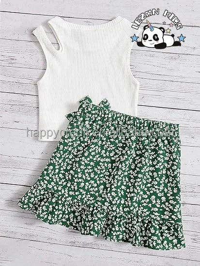 LEZONKIDS - 2024 Hot Sale 2 Piece Outfits Cut Out Ribbed Knit Tank Top And Floral Ruffle Hem Skirt Set for girls